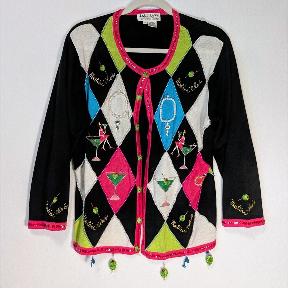 Vintage Sweater Cardigan Cocktail Martini Club Jack B. Quick XL - FLAWS